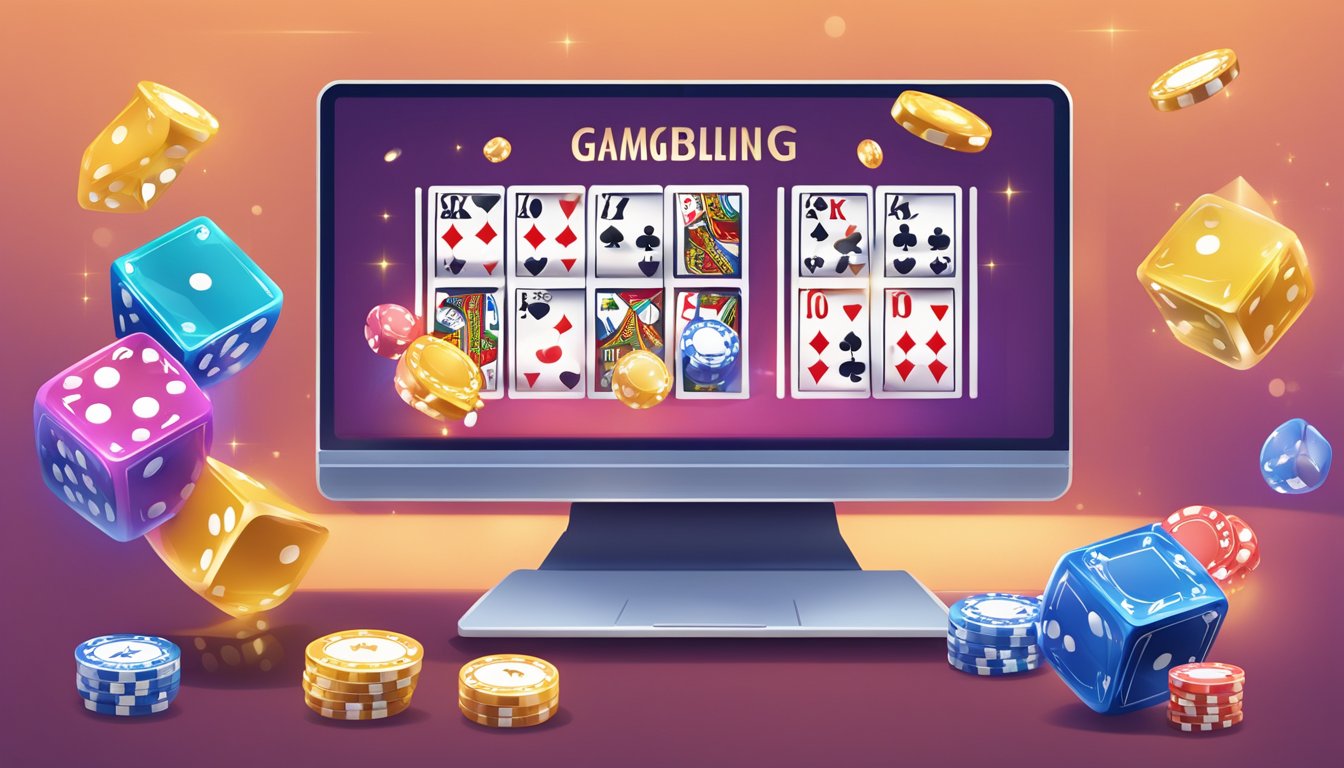 A computer screen displaying common myths about online gambling rules and strategies. Icons of dice and playing cards are visible in the background