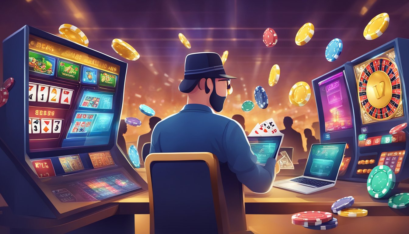 A bustling online gambling scene with virtual casino games and sports betting. Cultural symbols and social interactions are evident, along with common misconceptions