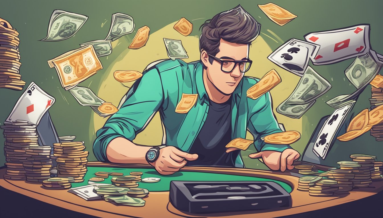 A person wins money while gambling online, surrounded by common misconceptions about winning and losing