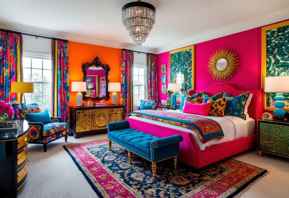 A bedroom filled with vibrant colors, bold patterns, and eclectic decor. Over-the-top furniture, luxurious textiles, and decorative accents create a maximalist paradise