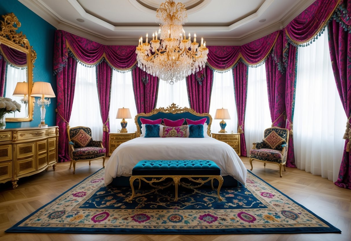 A grand bedroom with ornate chandeliers, opulent furnishings, and vibrant patterns, creating a maximalist aesthetic