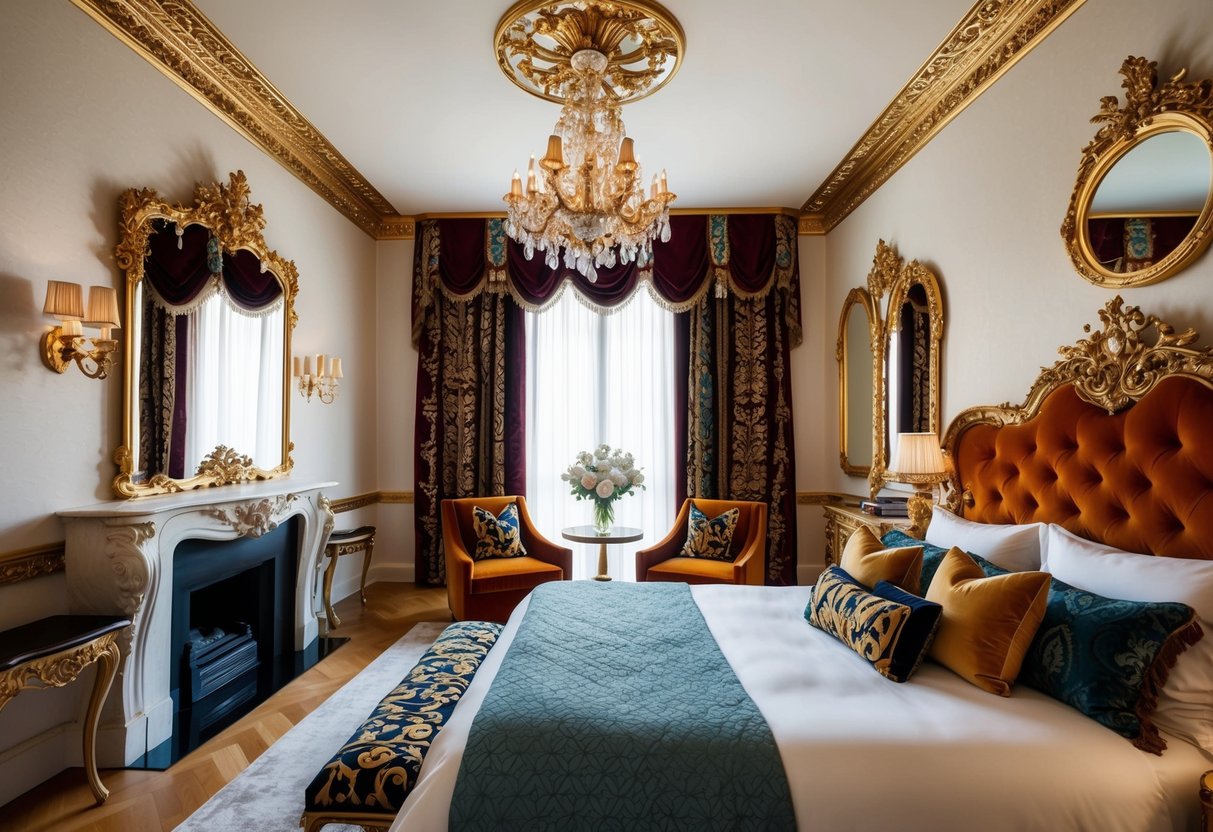 A luxurious bedroom with ornate gilded mirrors, opulent fabrics, and rich colors. Maximalist decor includes lavish textures and bold patterns