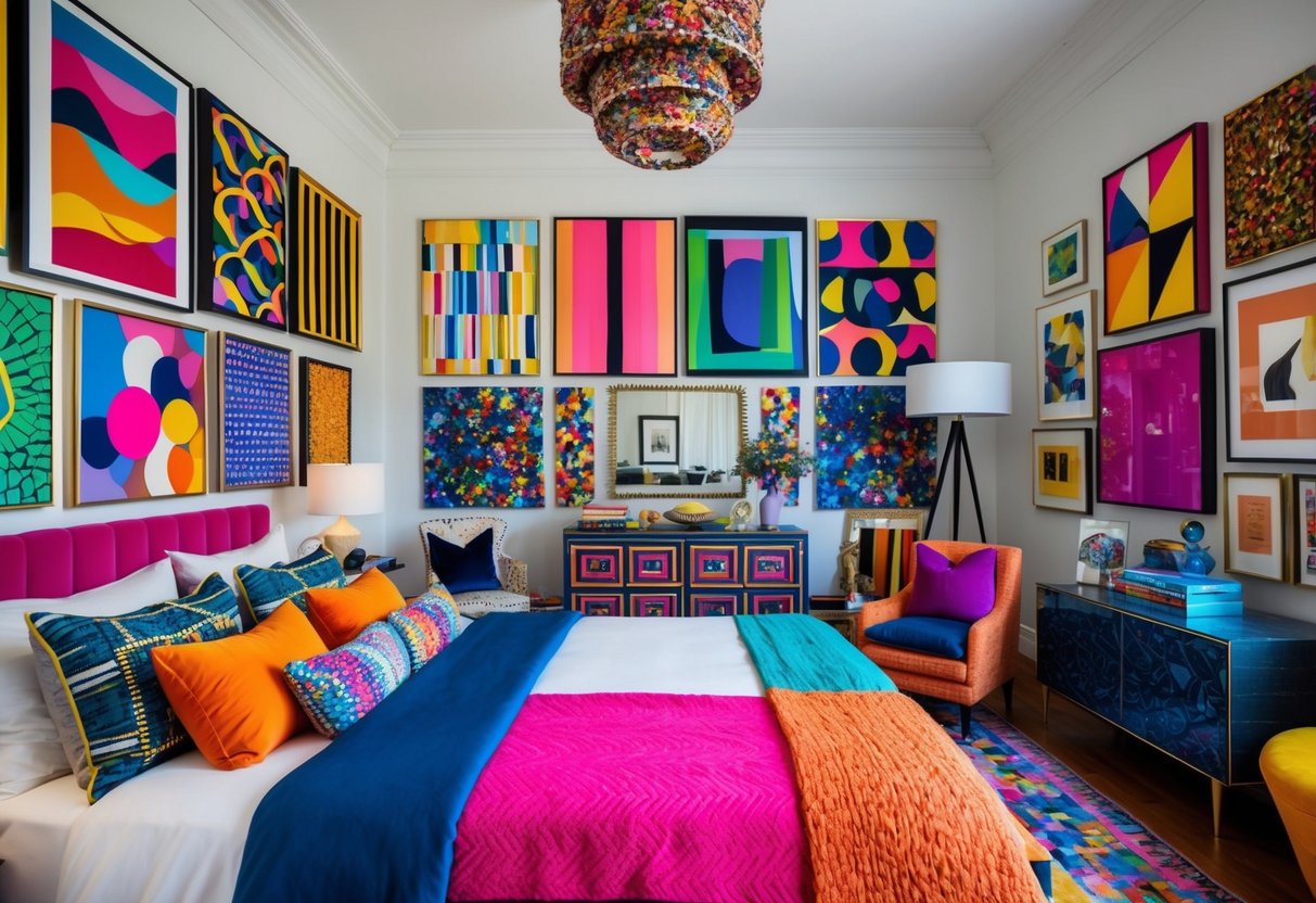 A bedroom filled with vibrant and diverse art pieces, including bold patterns and colorful textures. The room is filled with a mix of furniture and decor, creating a visually stimulating and maximalist atmosphere