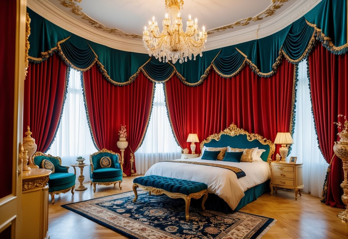 A grand bedroom with opulent, floor-to-ceiling drapes in rich, vibrant colors. Ornate furniture and lavish decor create a sumptuous, maximalist ambiance