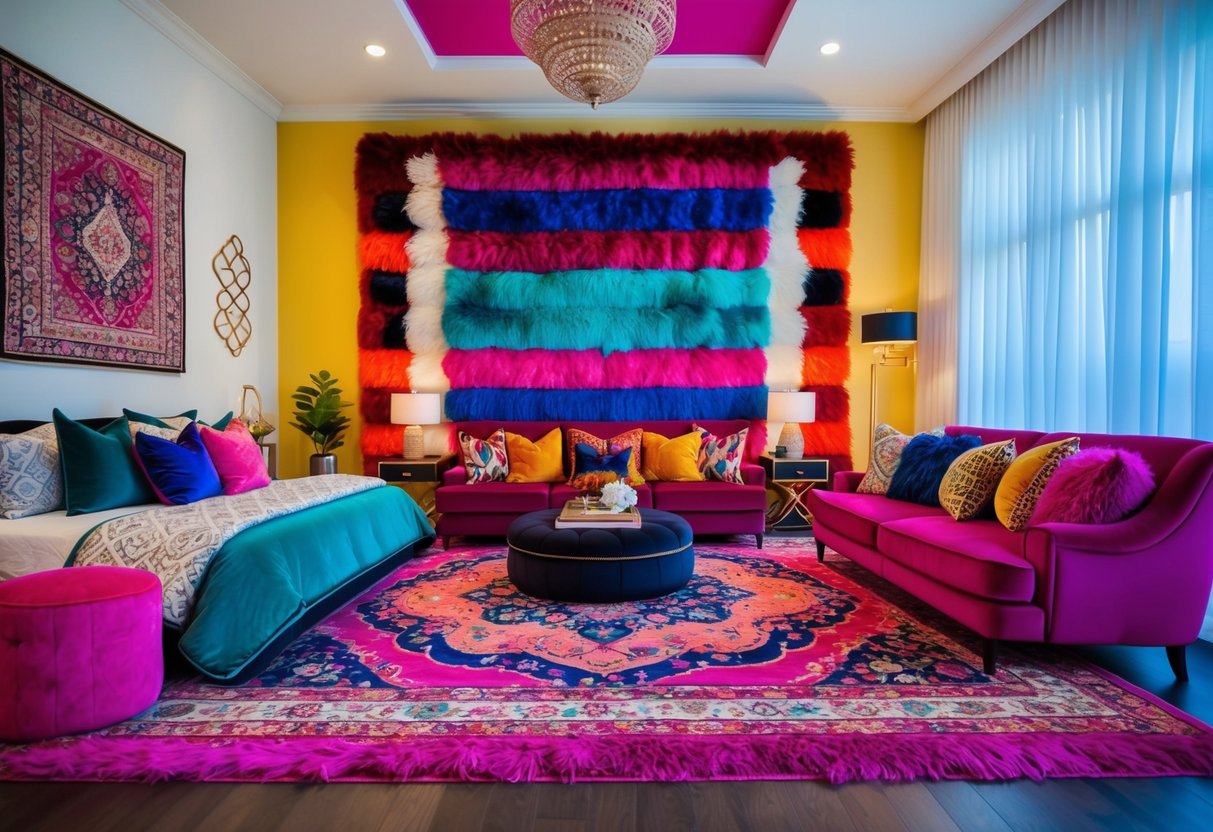 A bedroom with vibrant, plush area rugs in various maximalist patterns and colors. Bold, eclectic decor and luxurious textures create a visually stimulating and cozy space