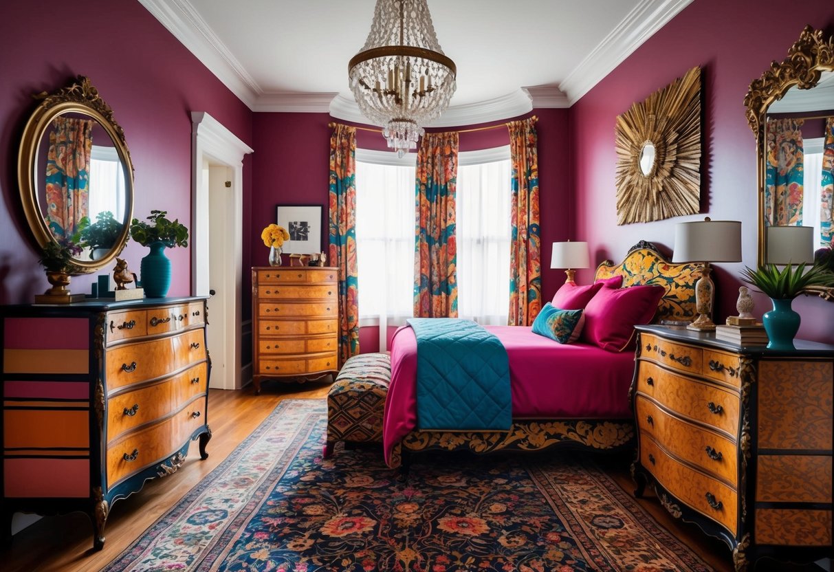 A bedroom with vintage dressers, bold patterns, and eclectic decor. Rich colors, ornate details, and layers of textures create a maximalist aesthetic