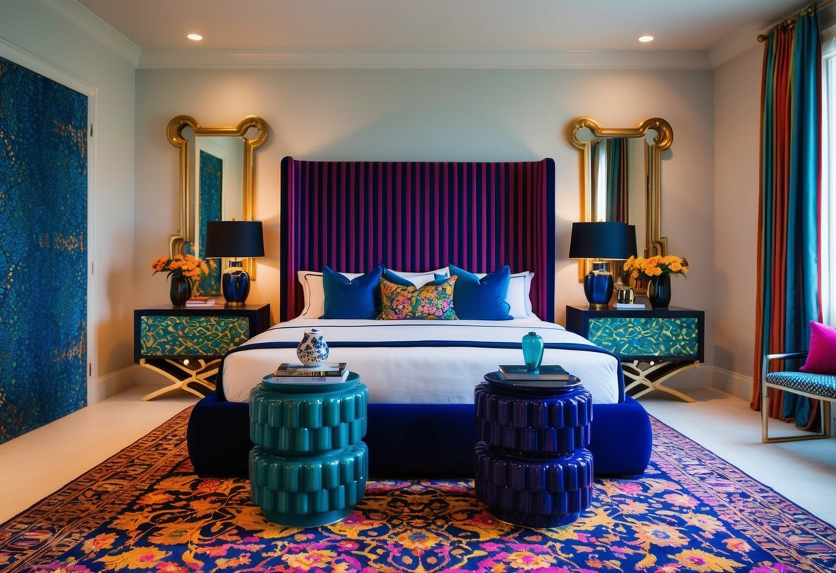 A bedroom with bold, sculptural nightstands, vibrant patterns, and luxurious textures. Rich colors and eclectic decor create a maximalist atmosphere