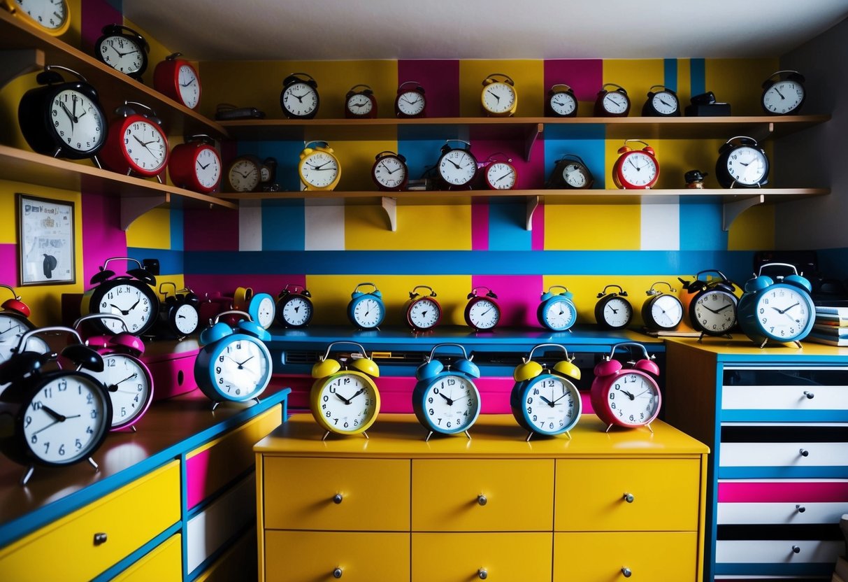 A cluttered bedroom with 20 retro alarm clocks scattered on shelves and dressers. Bold patterns and vibrant colors dominate the room, creating a maximalist aesthetic