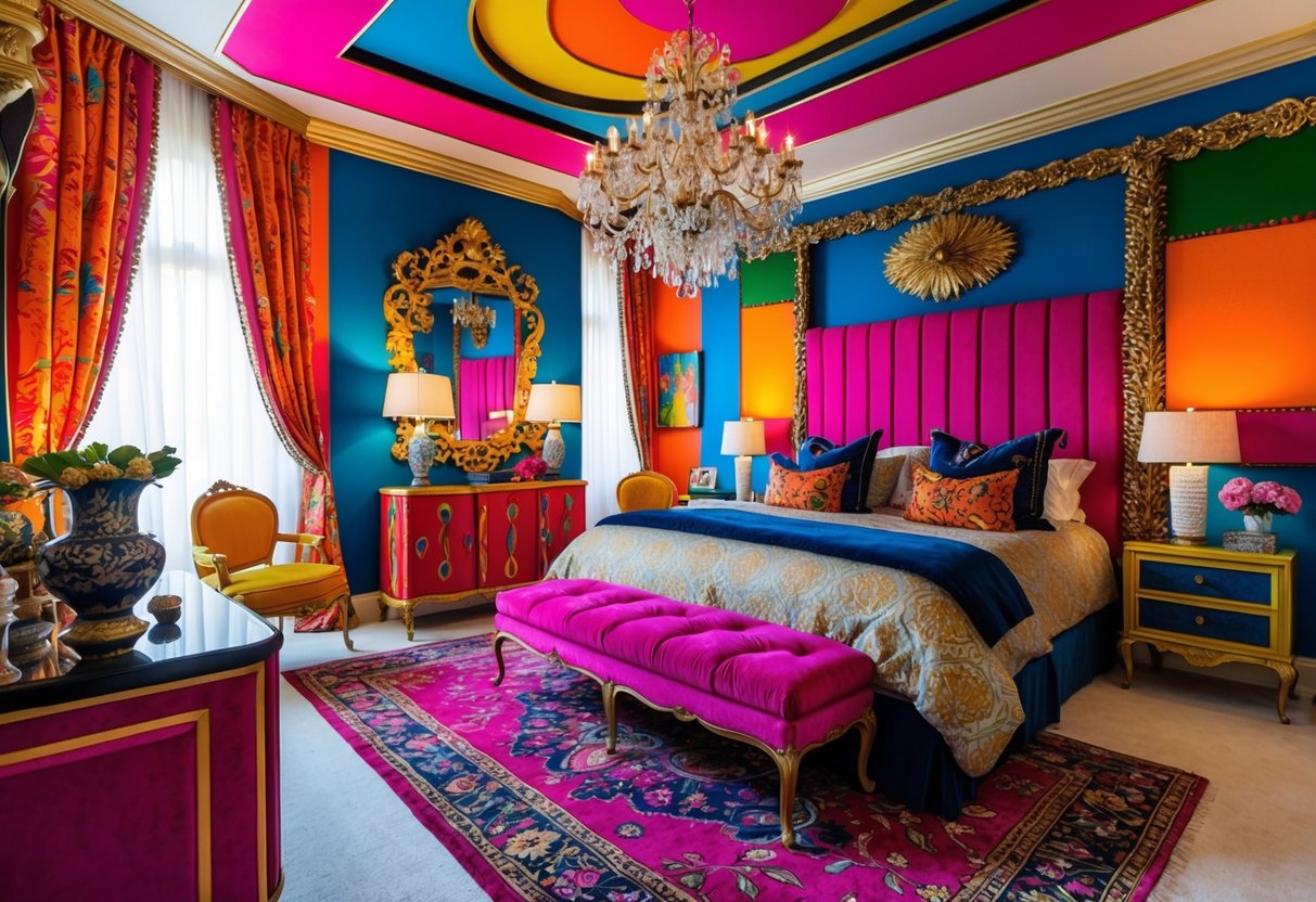 A vibrant, eclectic bedroom with bold patterns, rich textures, and a mix of decorative elements. Bright colors, luxurious fabrics, and ornate furnishings create a maximalist aesthetic