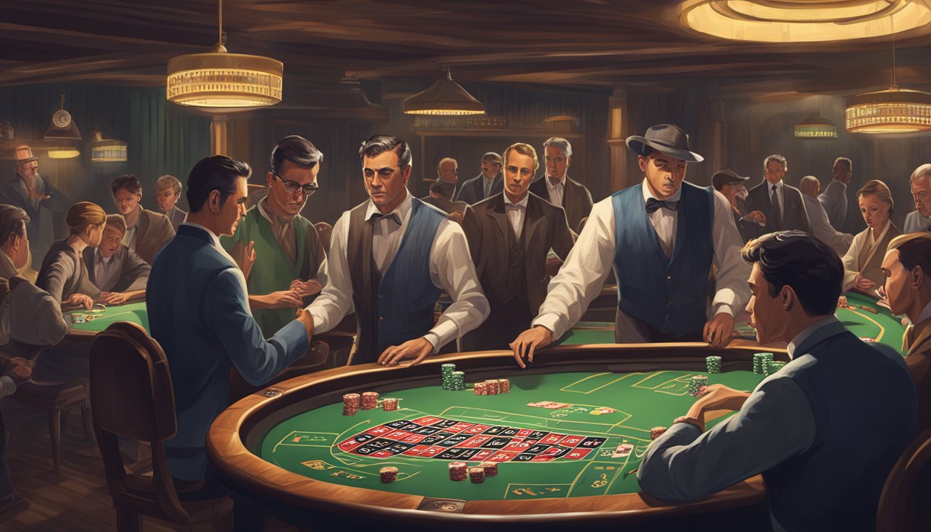 A dimly lit gambling den with vintage card tables and a roulette wheel. Players show intense focus and excitement as they place their bets