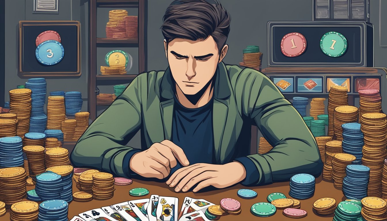 A person sitting at a table, surrounded by gambling chips and cards. Their tense expression and focused gaze convey the psychological aspect of gambling addiction