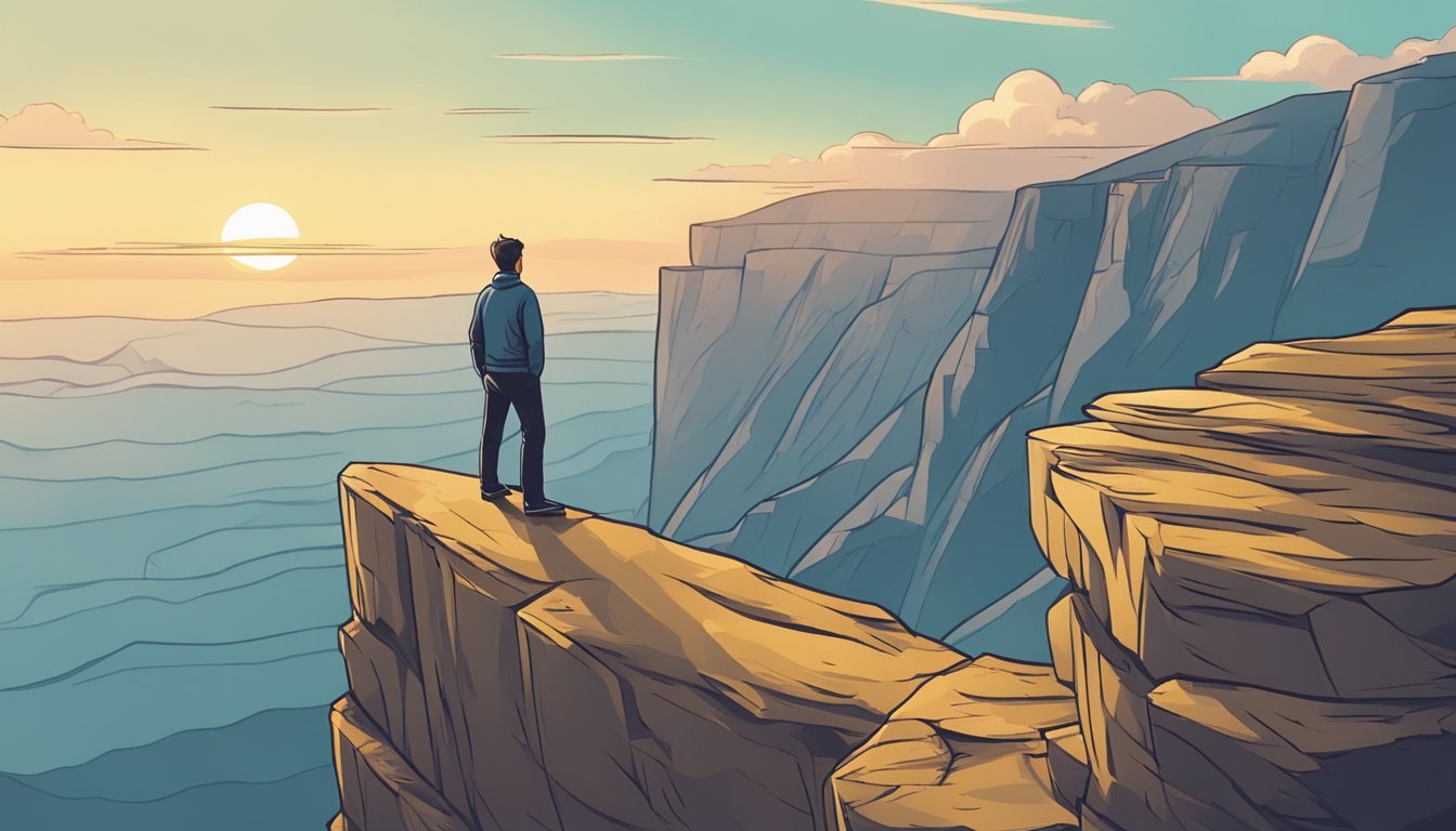 A person standing on the edge of a cliff, contemplating whether to take the risk and jump into the unknown, symbolizing the psychology of risk and gambling behavior