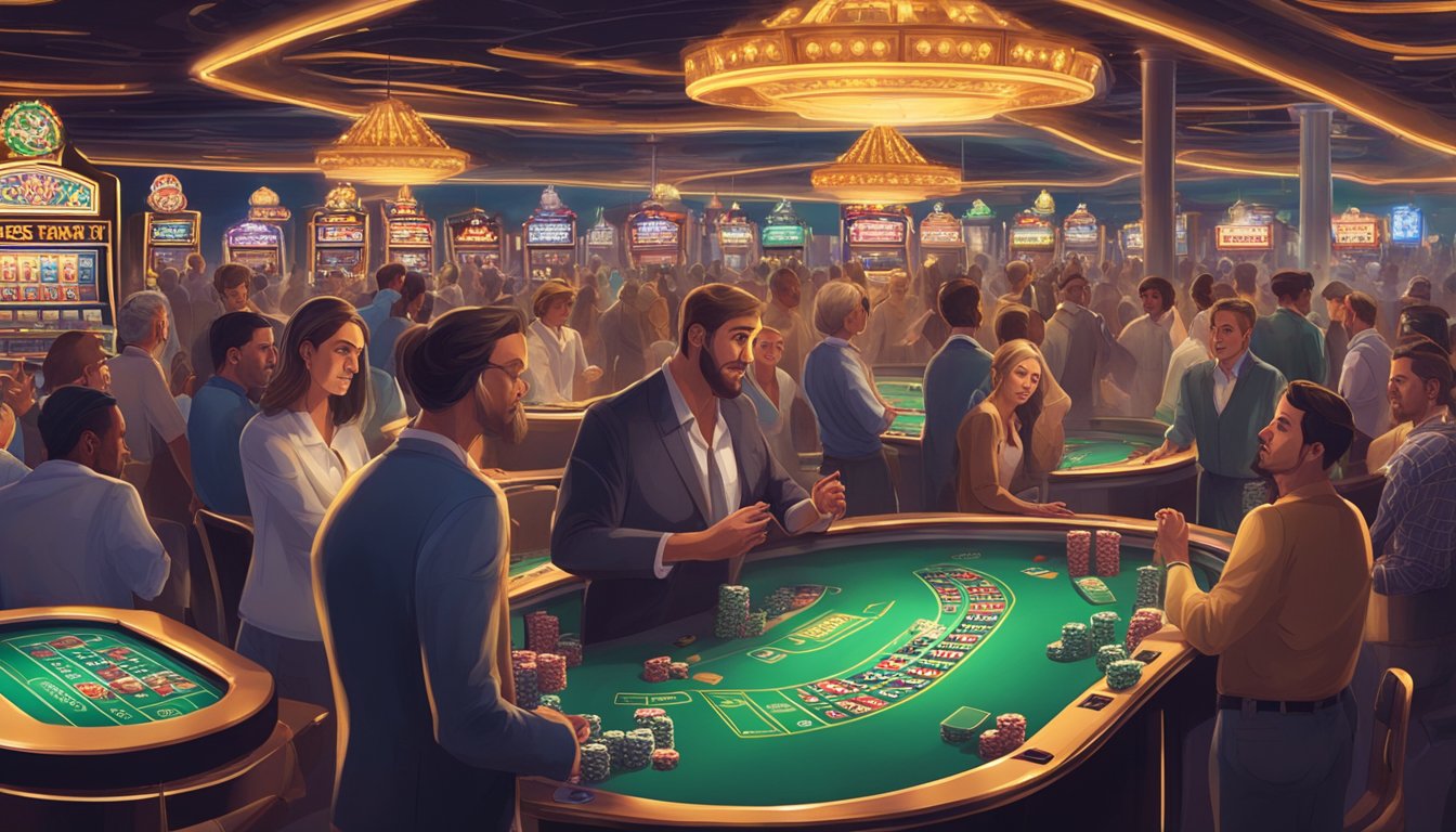 A crowded casino with people engrossed in games, surrounded by flashing lights and the sound of slot machines. The atmosphere is tense, with a mix of excitement and desperation