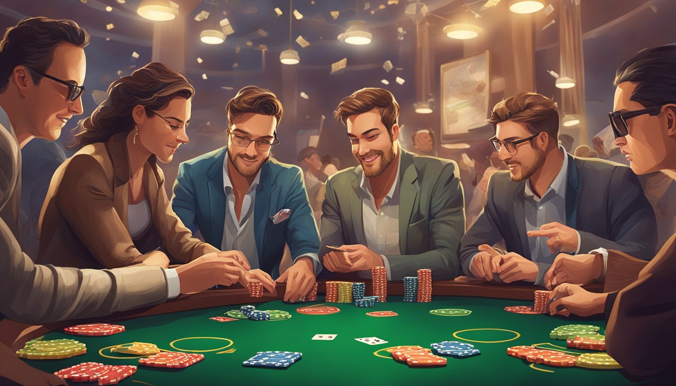 A group of people sitting around a table, placing bets and playing various gambling games. The tension and excitement in the air is palpable