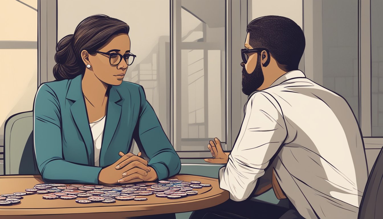 A therapist sitting across from a client, engaged in a deep conversation about gambling addiction. The client's body language reflects anxiety and inner turmoil