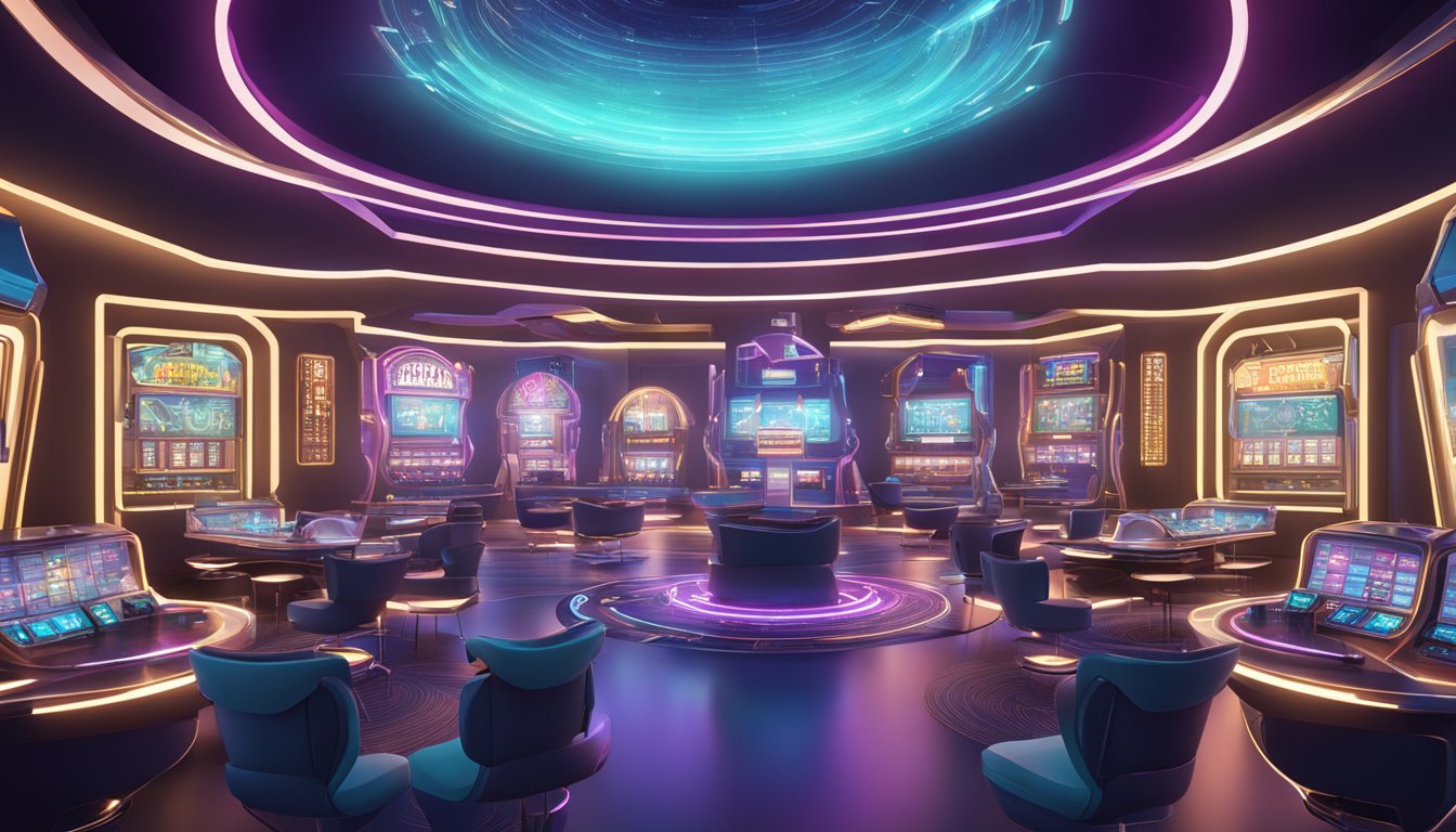 A futuristic casino with advanced technology and psychology-inspired design, featuring sleek architecture and immersive virtual reality gaming experiences