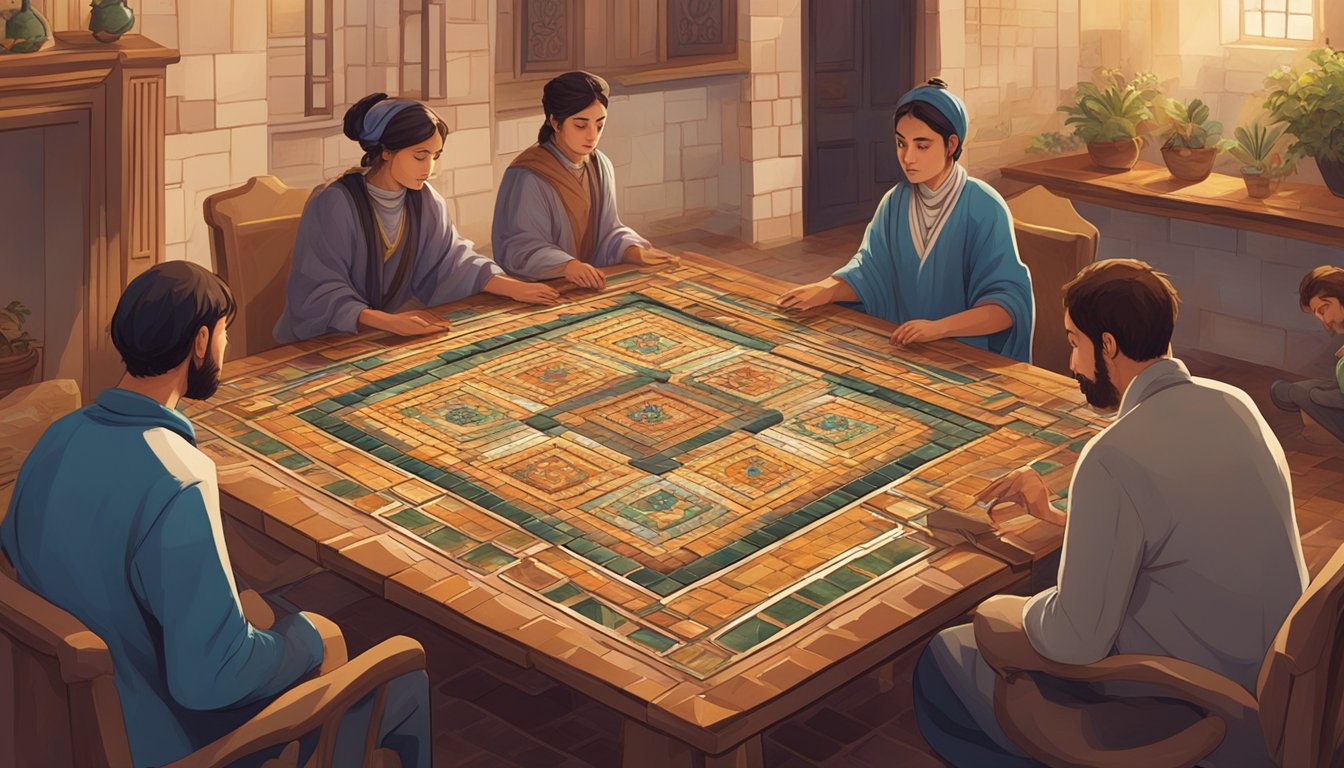 A table with four players, tiles spread out. One player is picking a tile, while the others are observing. Traditional decorations in the background