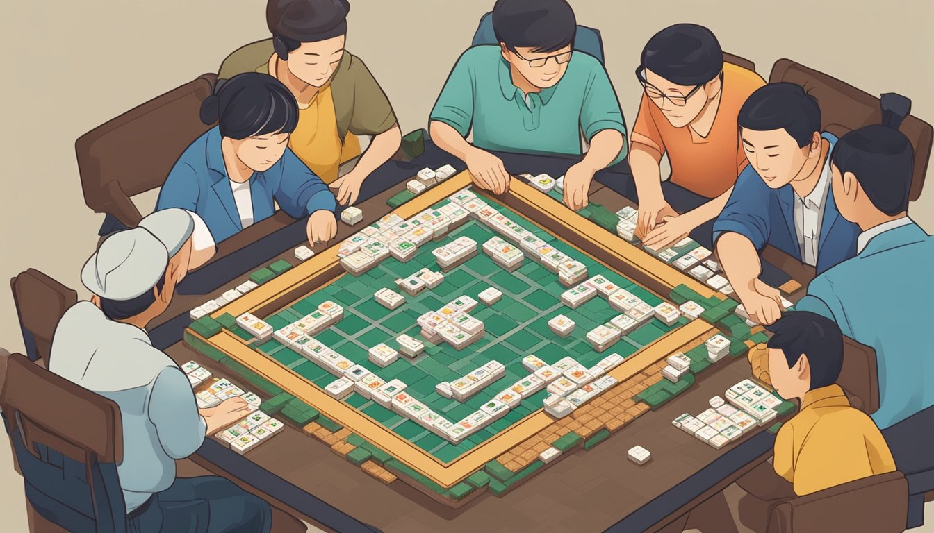 A group of players sit around a table, tiles are stacked in the center. The players are focused, drawing and discarding tiles as they strive to complete their hands in a game of Taiwanese Mahjong