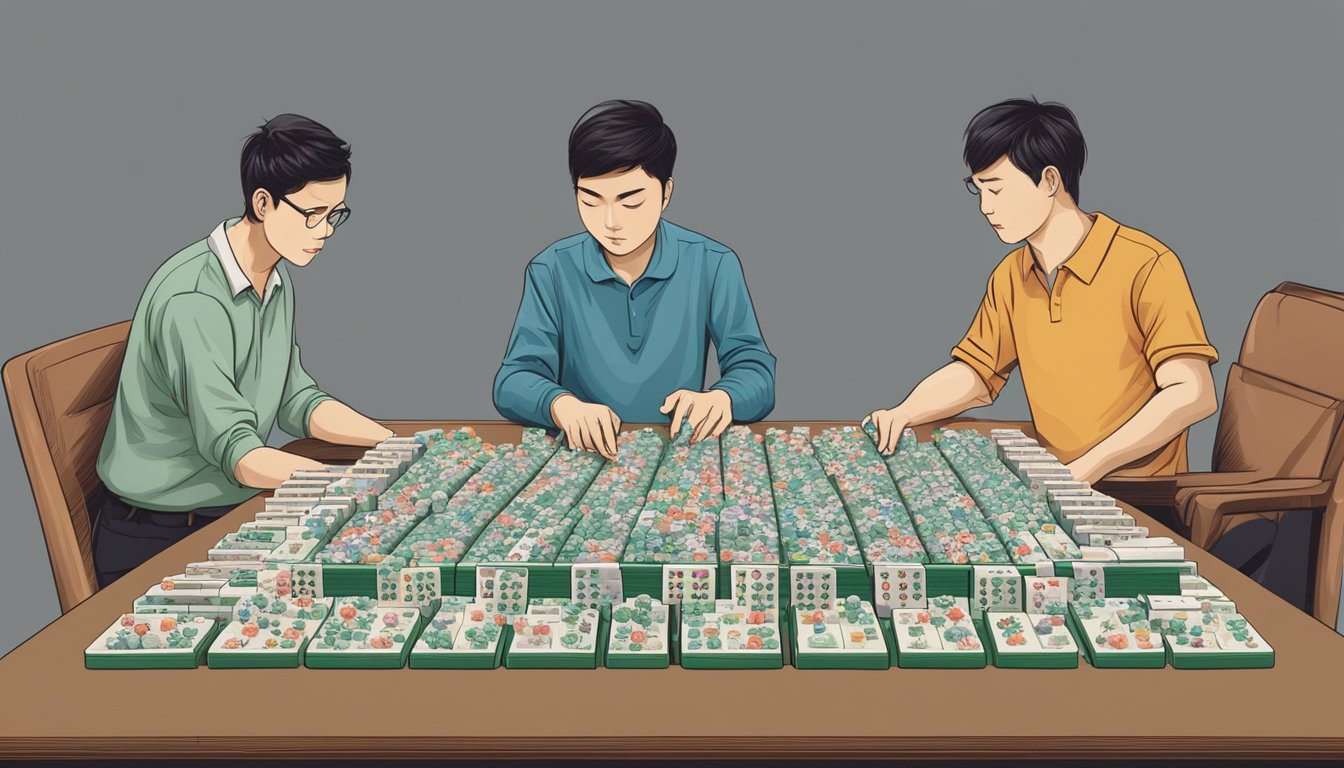 A table with four players, each arranging their mahjong tiles. The tiles are stacked in front of them, and there is a discard pile in the center