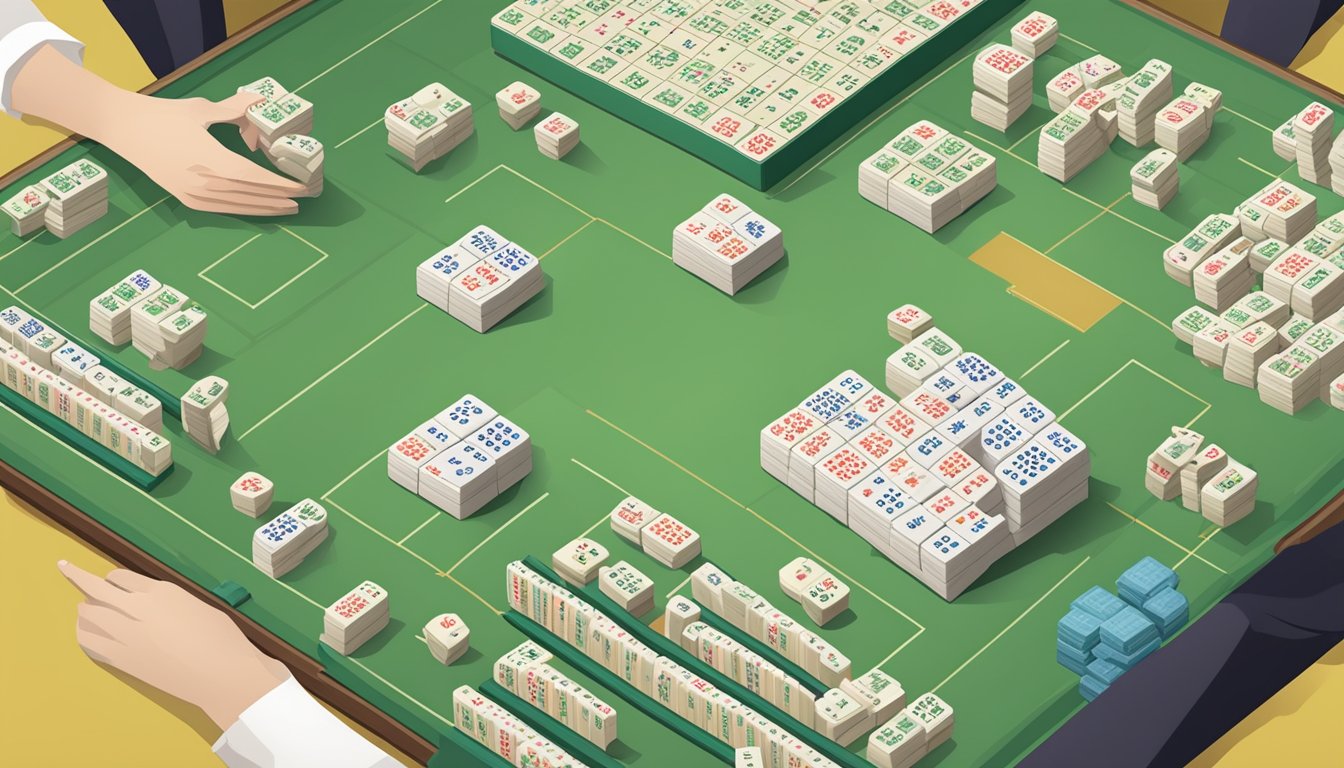 A table with mahjong tiles arranged in sets, surrounded by score sheets and calculators