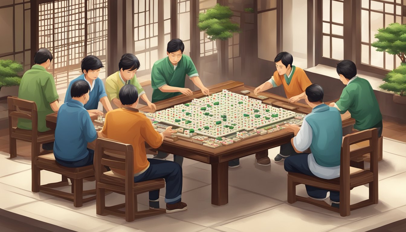 A group of players gather around a table, tiles are being shuffled and placed on the table. The atmosphere is lively and competitive as the game of Taiwan Mahjong begins