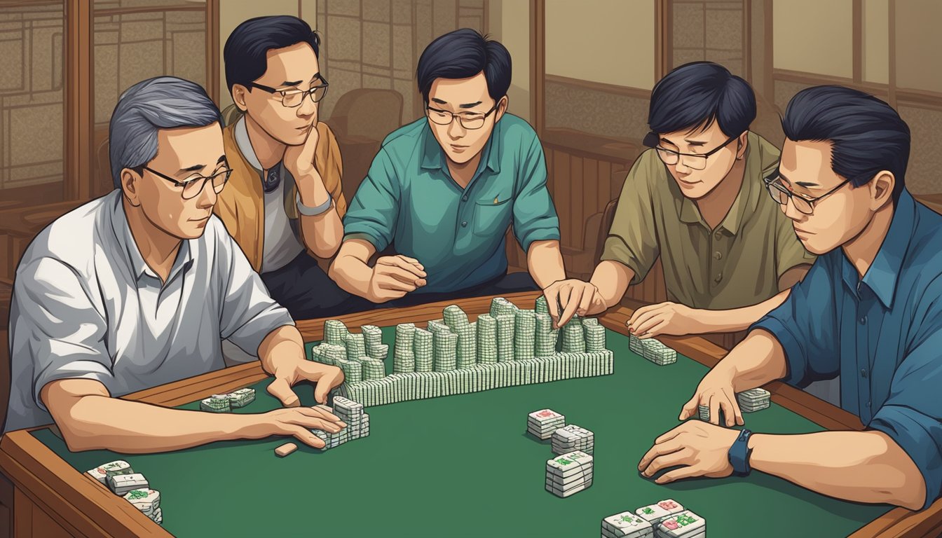 A group of players gather around a table, placing bets and eagerly awaiting the outcome of their Taiwan Mahjong game. Tiles are shuffled and stacked, ready for the intense gameplay ahead