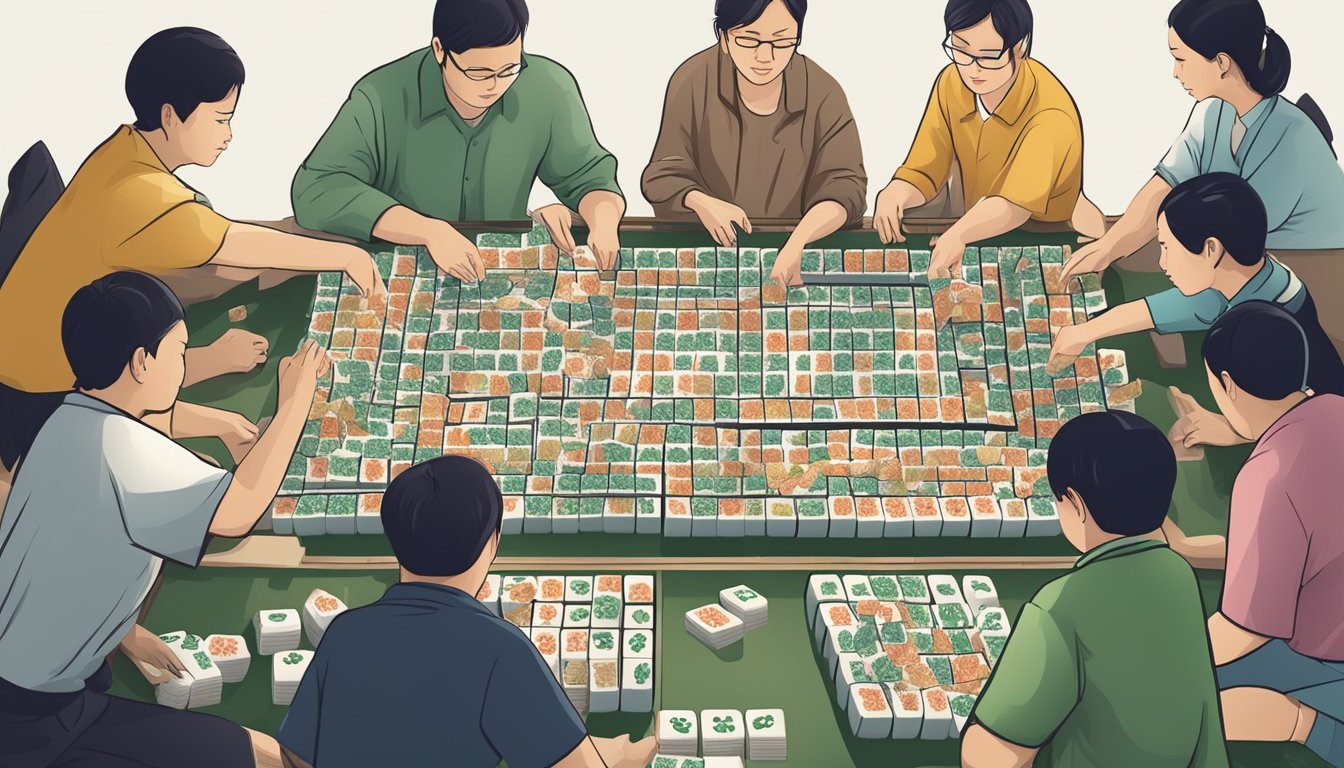 A group of players strategically arranging and discarding colorful tiles in a game of Taiwanese Mahjong