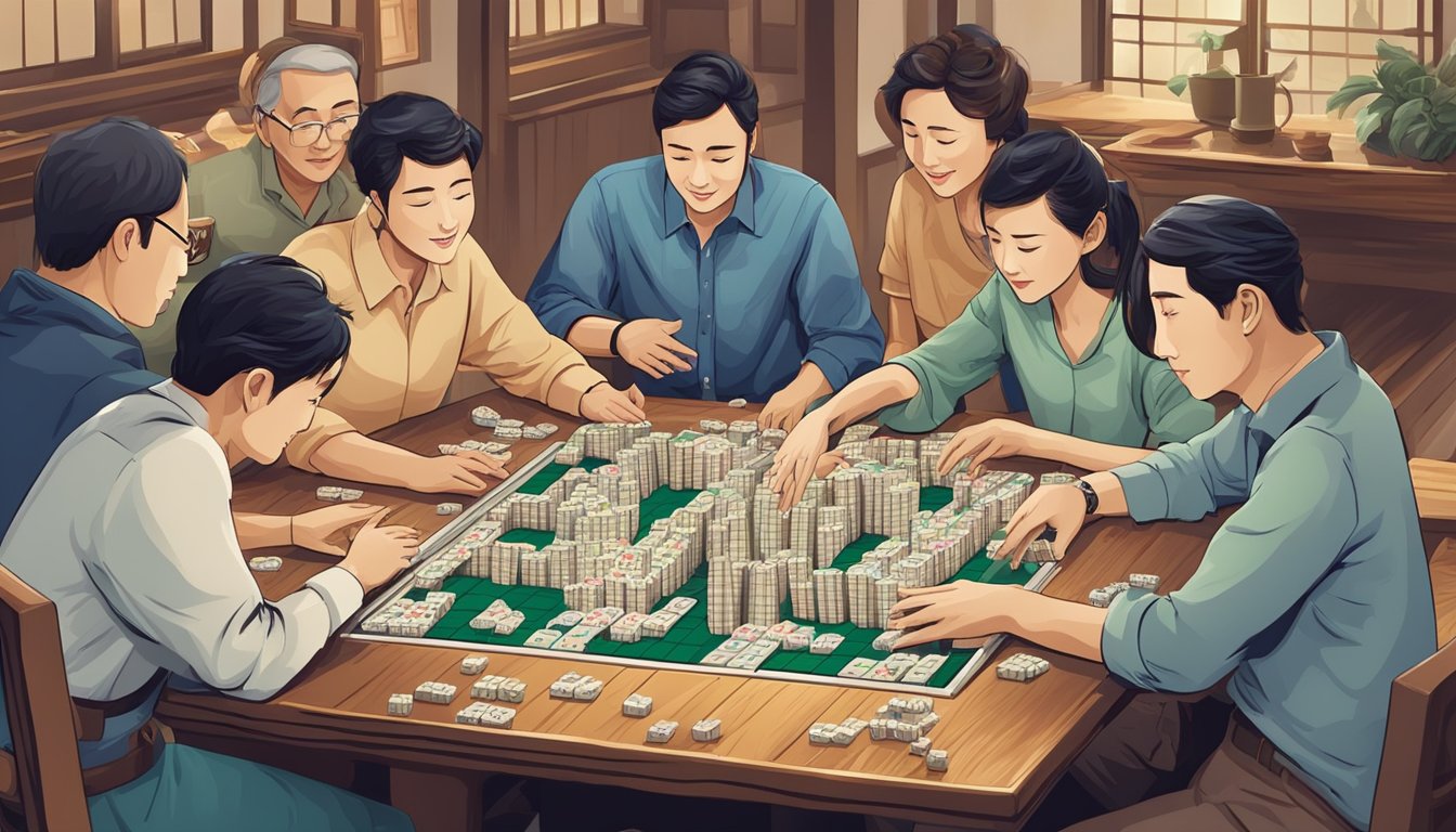 A group of people gathered around a table, playing mahjong in a lively and social atmosphere, with tiles being shuffled and placed on the table