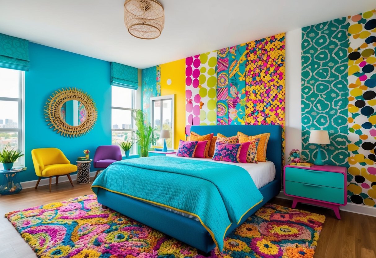 A bright, colorful bedroom with a mix of vibrant patterns and textures. A playful and inviting space with a variety of hues and decorative elements