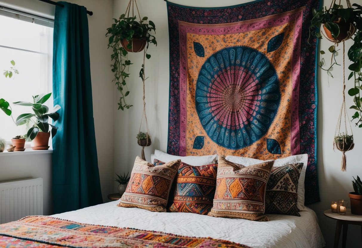 A cozy bedroom with colorful tapestries, patterned pillows, and hanging plants. A mix of vibrant patterns and textures creates a bohemian atmosphere