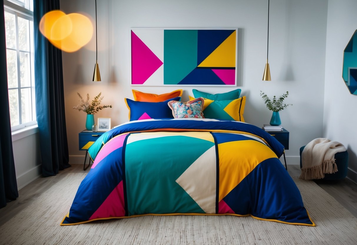 A modern bedroom with bold geometric bedding in vibrant colors, accented with coordinating pillows and a cozy throw