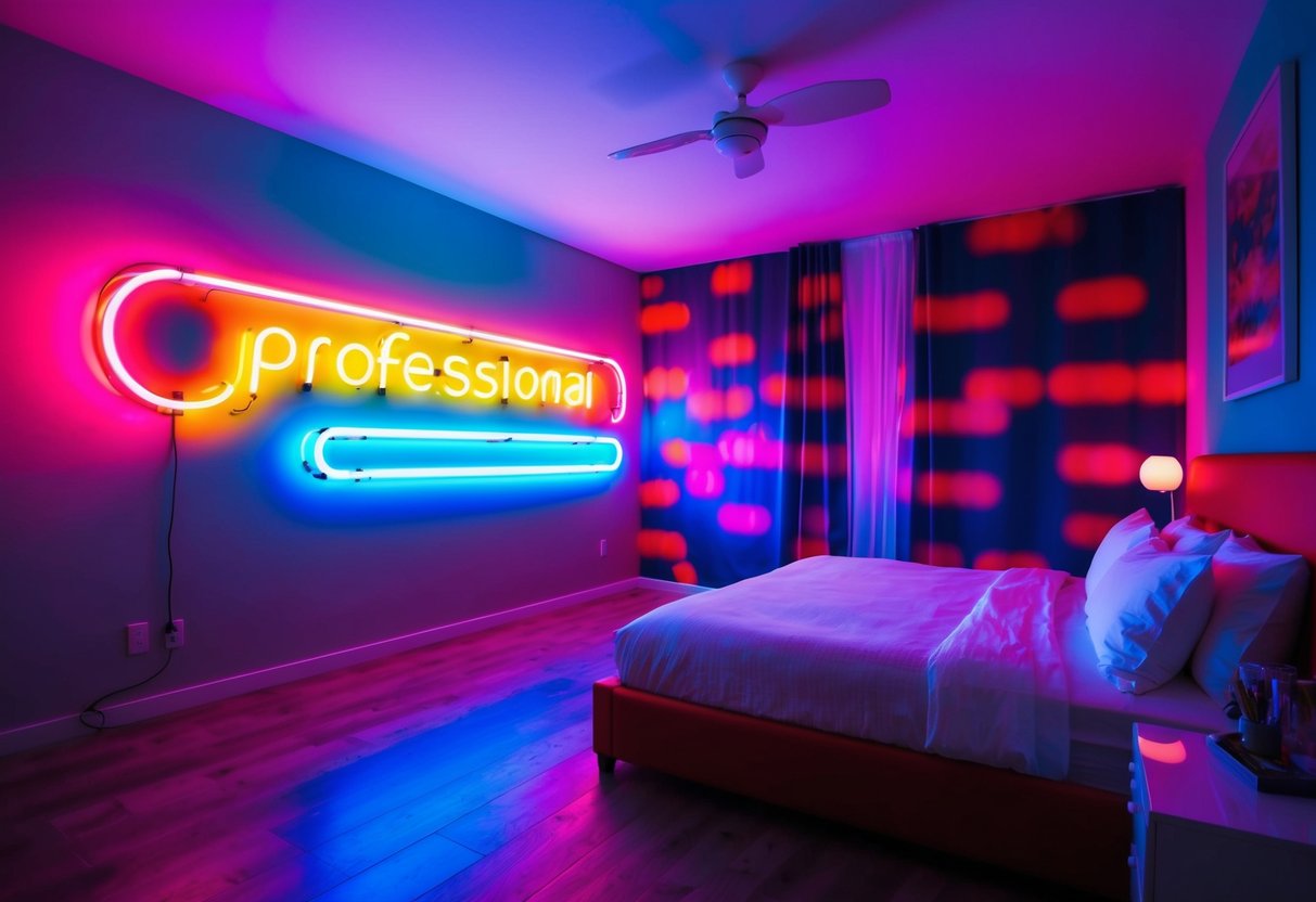 A bedroom with a vibrant neon sign wall art, casting colorful light onto the space, creating a lively and energetic atmosphere