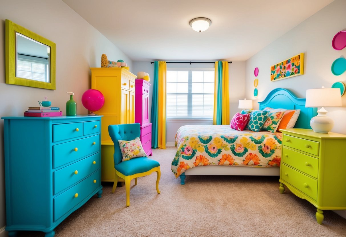 A colorful bedroom with various painted furniture pieces, including a vibrant dresser, bedside table, and chair. The room is bright and cheerful, with pops of color throughout