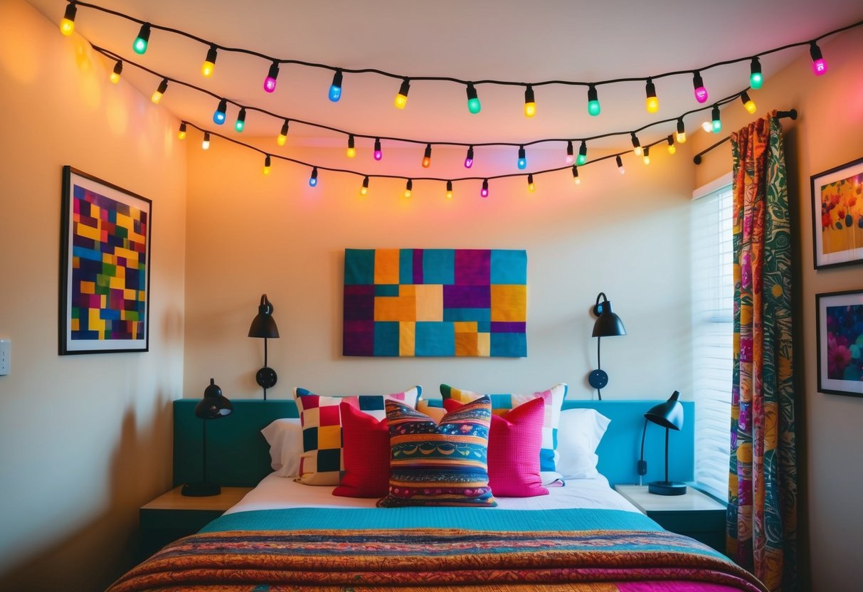 Colorful string lights hang above a cozy bedroom, casting a warm and inviting glow. The walls are adorned with vibrant artwork and the bed is adorned with colorful pillows and blankets