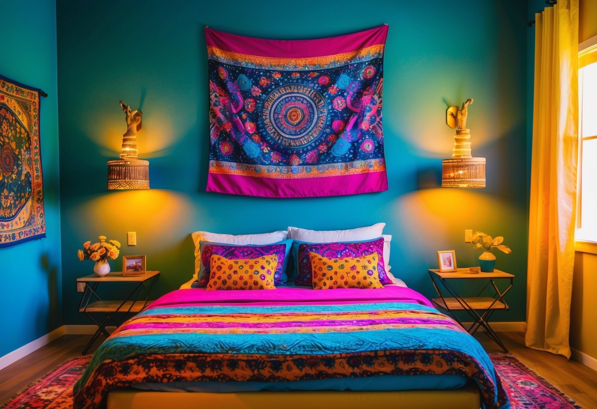 A vibrant, abstract wall tapestry hangs above a cozy bed in a colorful bedroom, surrounded by eclectic decor and warm lighting