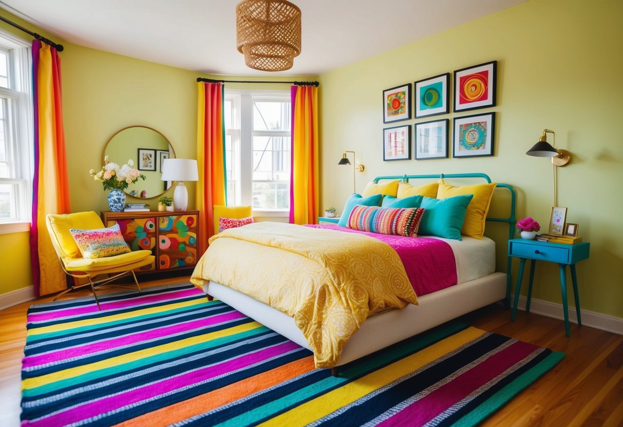 A cozy, colorful bedroom with a vibrant striped area rug as the focal point. Bright bedding, eclectic decor, and natural light create a cheerful atmosphere