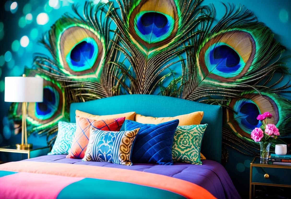 A vibrant peacock feather decor adorns a colorful bedroom with 19 unique design ideas