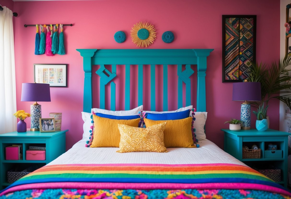 A vibrant, painted wooden headboard stands as the focal point in a colorful bedroom, surrounded by various decor and textiles