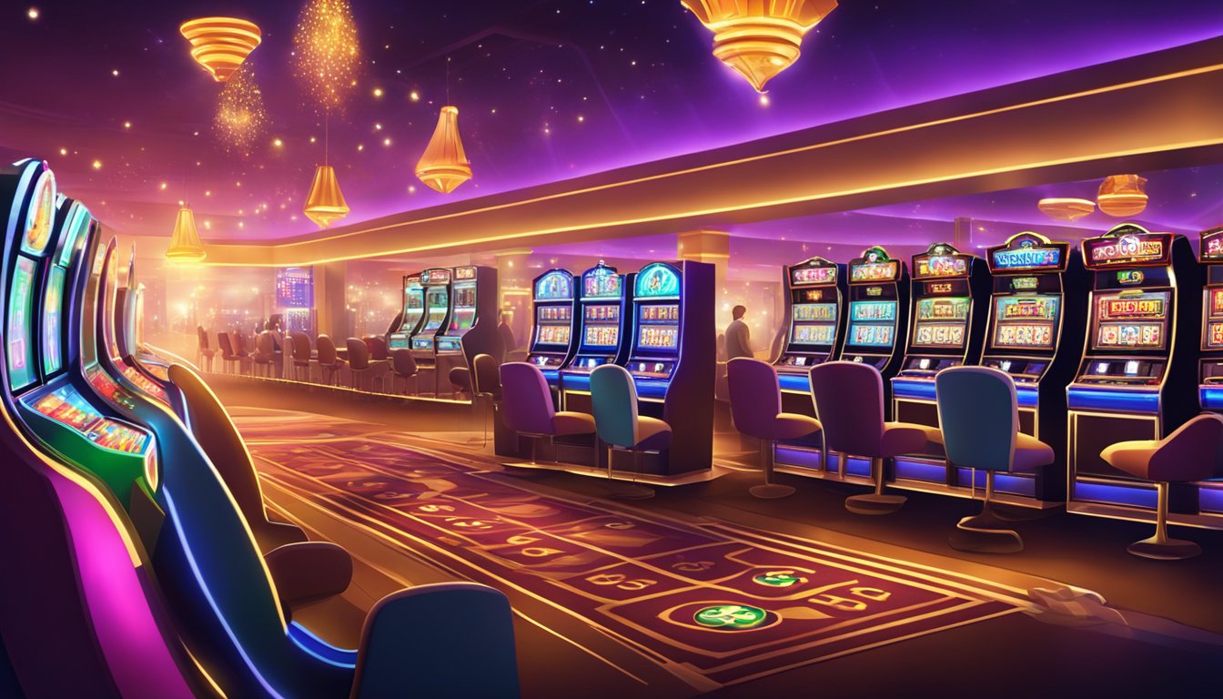 A vibrant online casino with flashing lights, slot machines, and card tables. The atmosphere is lively with people enjoying the games and entertainment