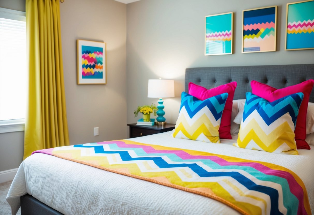 A cozy bedroom with a colorful chevron throw blanket draped over a neatly made bed. Bright accent pillows and artwork add pops of color to the room