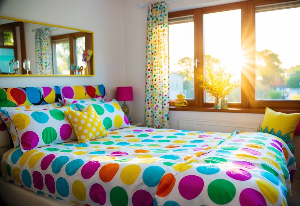 A cozy bedroom with a vibrant polka dot bedspread, surrounded by colorful decor and accessories. Sunshine streams in through the window, casting a warm glow over the cheerful space