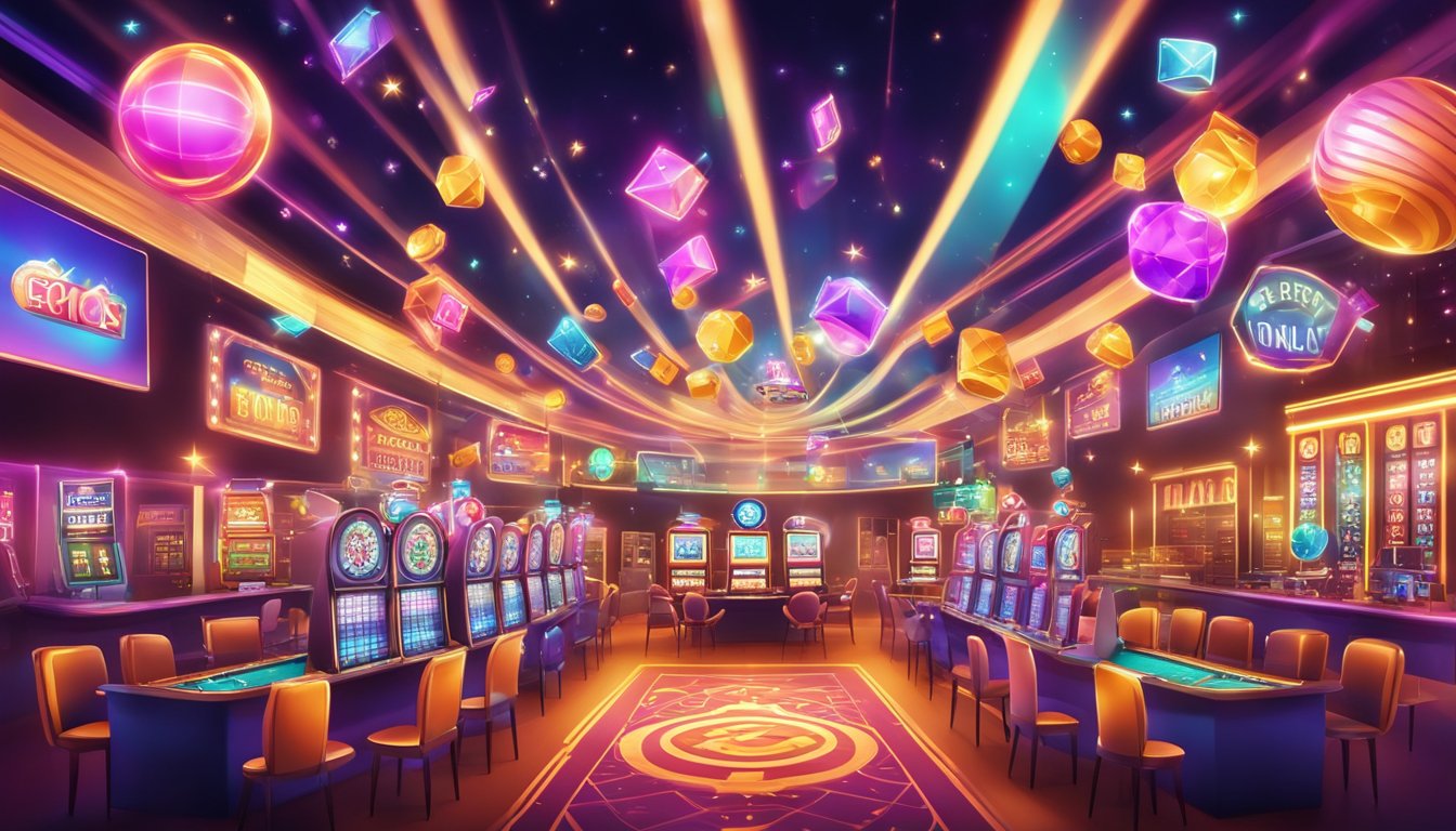 A colorful and vibrant casino with flashing lights and lively atmosphere, surrounded by digital marketing elements such as social media icons and online advertisements