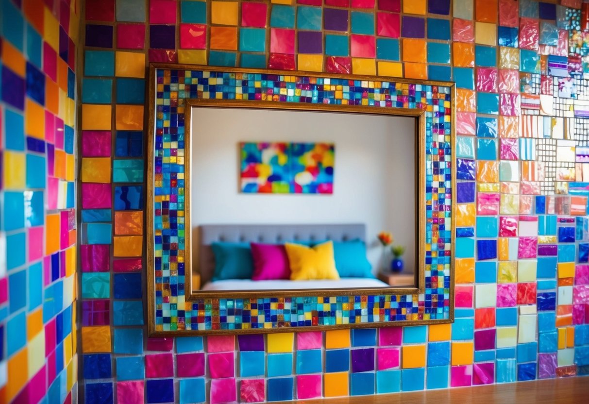 A mosaic mirror frame adorns a vibrant bedroom wall with 19 colorful design ideas