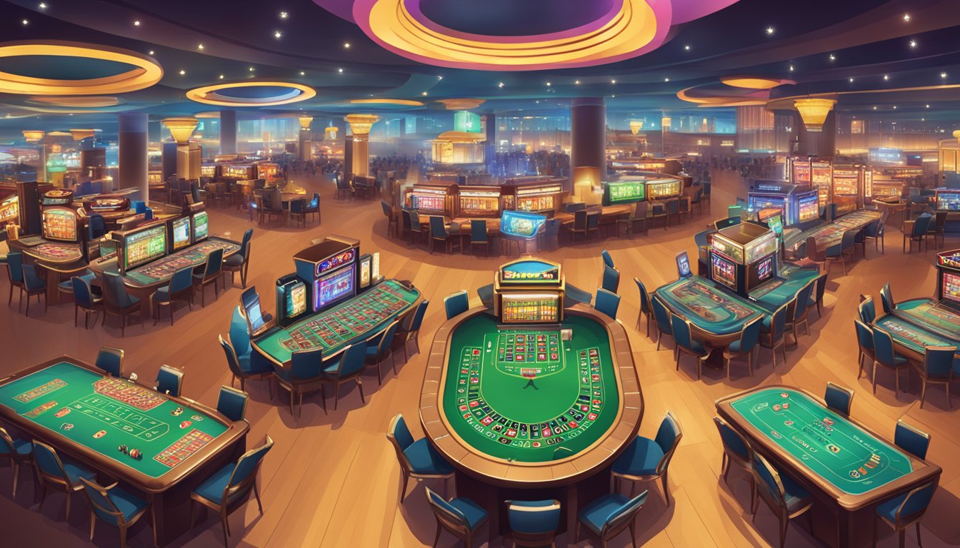 A bustling casino floor with various game options and colorful marketing materials displayed online