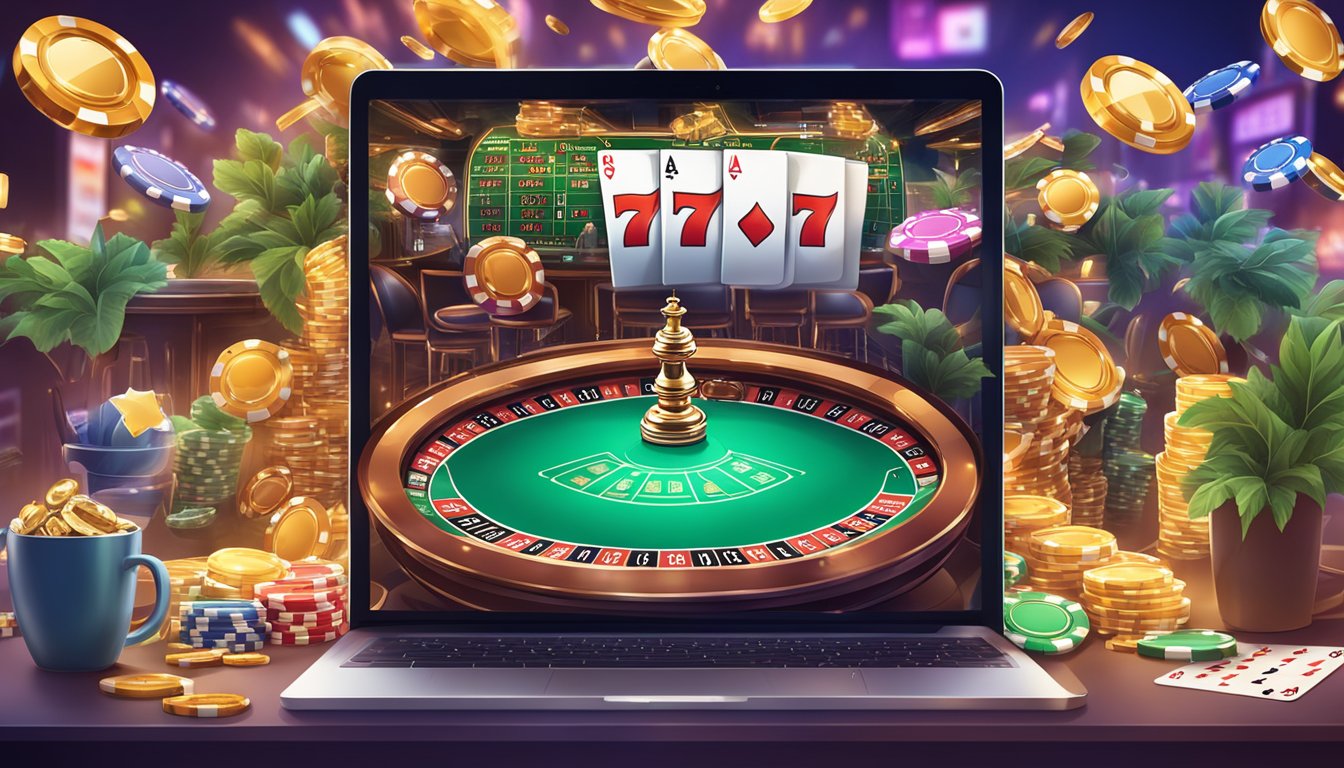 A bustling casino with vibrant social media and community marketing. Exciting online promotions and engaging content