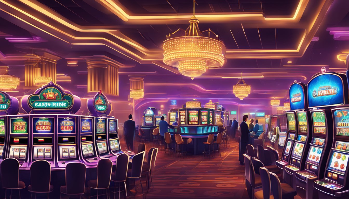 A bustling casino with bright lights, slot machines, and card tables. Online marketing ads displayed on screens and banners throughout the venue