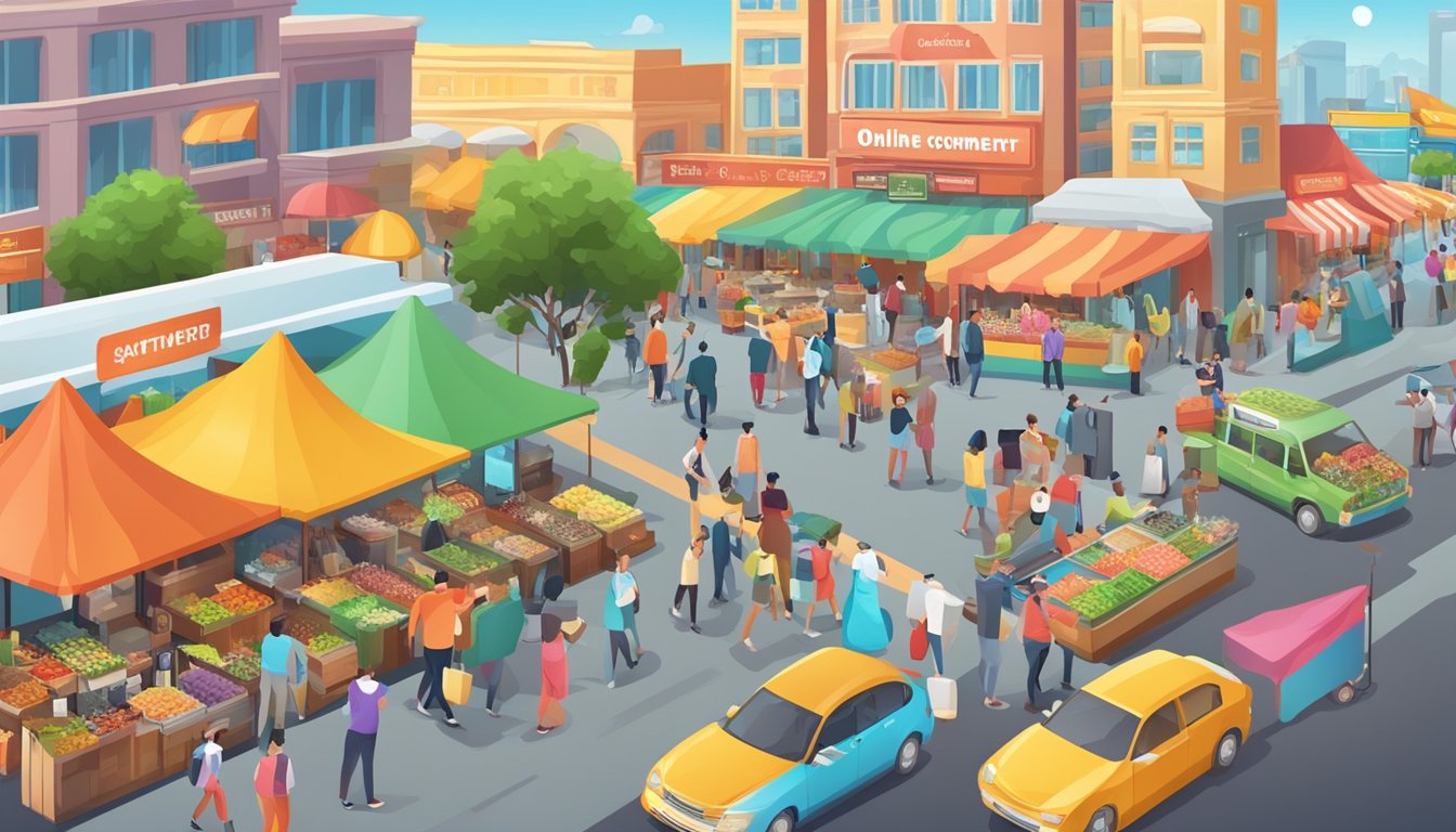 A bustling entertainment city market with diverse consumers. Online marketing for entertainment city