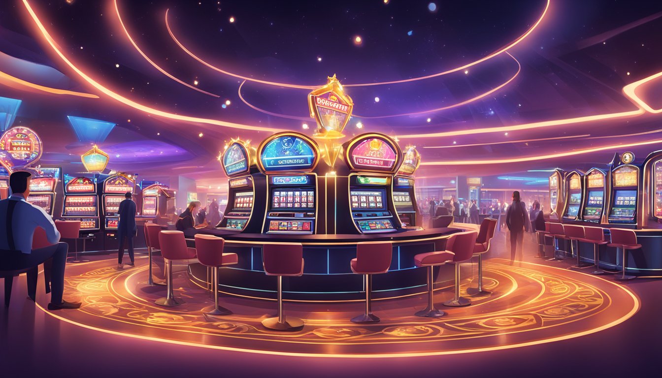 A bustling casino with digital marketing elements, showing cost expenditures and operational efficiency. Bright lights and sleek design convey a modern, high-energy atmosphere