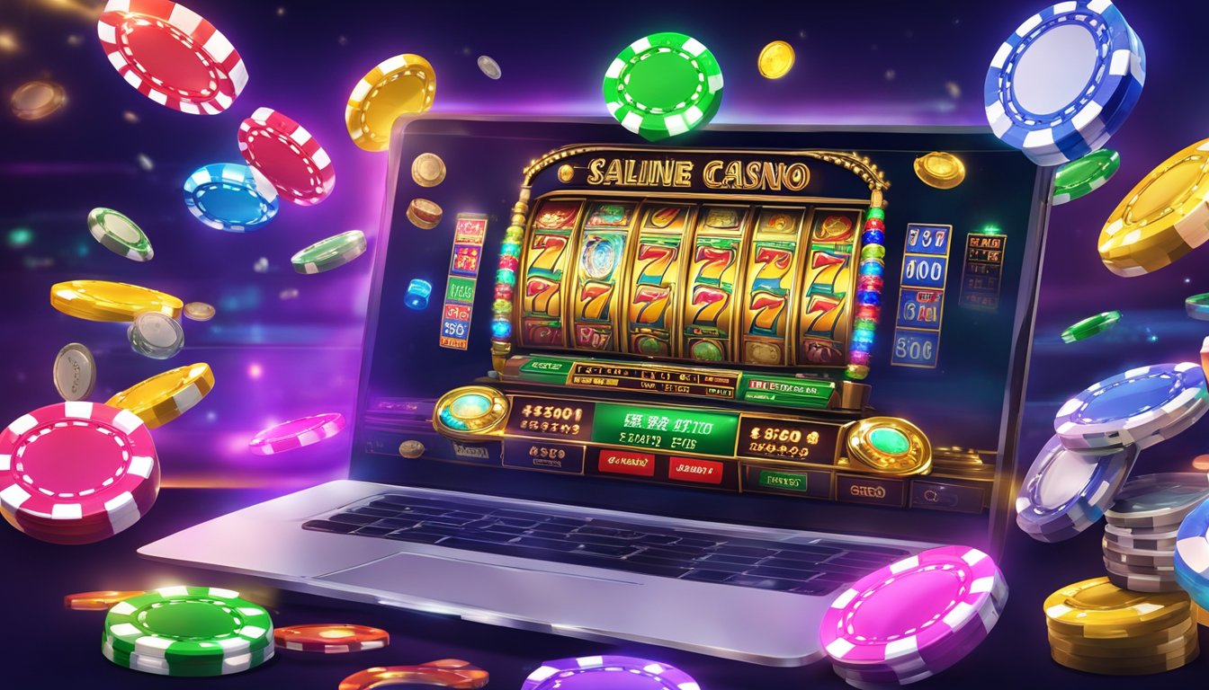 A variety of online casino games are displayed on a screen, including slot machines, poker, and roulette. The Taiwan online casino is depicted with vibrant colors and flashing lights