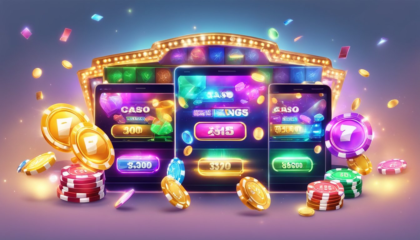 A colorful online casino with flashing lights and promotional banners. Exciting games and special offers draw in Taiwanese players